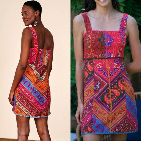 FARM RIO Linen Floral Paisley Patchwork Scarf Print Sleeveless Sheath Dress S - Picture 6 of 8